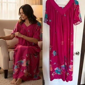 Vintage Holly Floral Lounge Nightgown Pink Maxi Caftan M/L